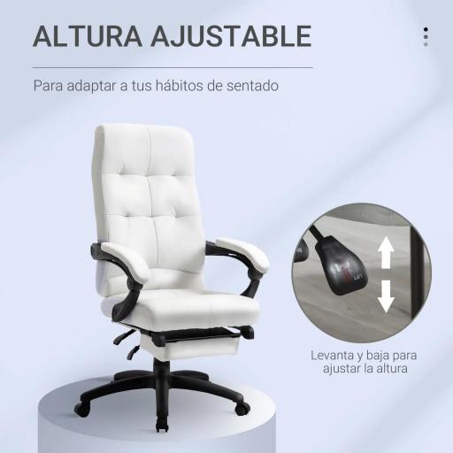 Silla de Oficina Giratoria Silla de Escritorio Reclinable Silla de Estudio Tapizada de PU con Altura Ajustable Reposabrazos Reposapiés 65x65x118-125 cm Blanco [3]