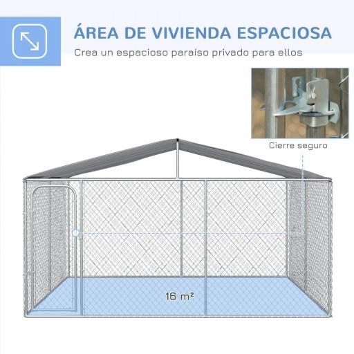 Perrera de Exterior con Toldo Anti-UV Impermeable Puerta con Pestillo y Marco de Metal Galvanizado 4x4x2,3 m Plata [2]