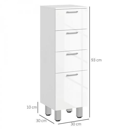 Mueble Auxiliar Baño Moderno Armario de Baño con 4 Cajones y 4 Patas para Salón Carga 30 kg 30x30x93cm Blanco Brillante [1]