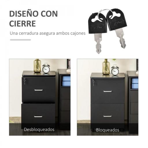 Cajonera de Oficina Mueble Auxiliar con 2 Cajones Cierre con Llave para Estudio Despacho 43x45x72 cm Negro [2]