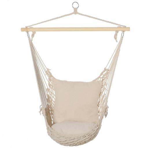 Silla Colgante Silla Hamaca Columpio con 2 Cojines Barra de Madera Carga 120 kg para Interior y Exterior Crema [8]