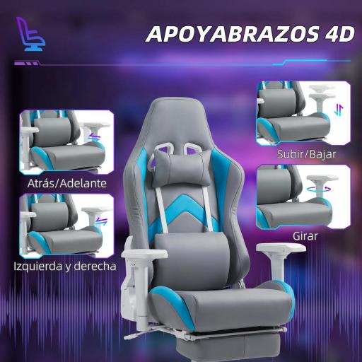Silla Gamer Reclinable con Altura Ajustable Reposapiés Retráctil Soporte Lumbar y Reposacabezas Gris Claro y Azul [6]