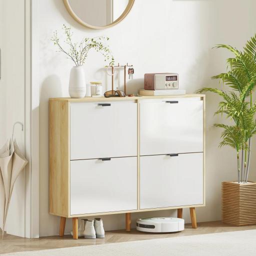 Zapatero Estrecho con 4 Puertas en Blanco Brillo Estantes Ajustables Patas de Madera para 20 Pares de Zapatos [6]