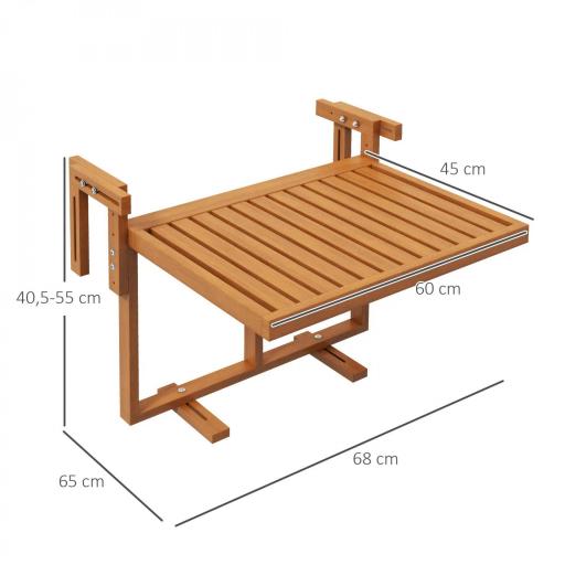 Mesa Colgante para Balcón Plegable de Madera con Altura Ajustable en 4 Niveles Carga 20 kg 68x65x40,5-55 cm Natural [1]