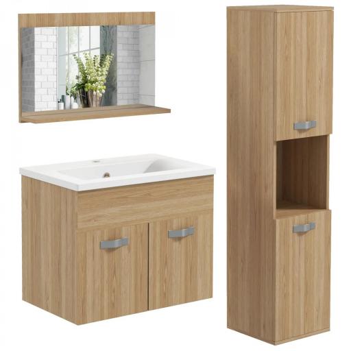 Conjunto de Muebles de Baño de Pared 3 Piezas Incluye Espejo Armario con Lavabo Cerámico y Columna de Baño Natural [8]