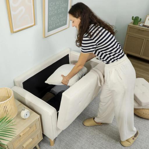 Sofá de 2 Plazas con Espacio de Almacenamiento Patas de Madera Respaldo Capitoné 117x62x78 cm Crema [6]