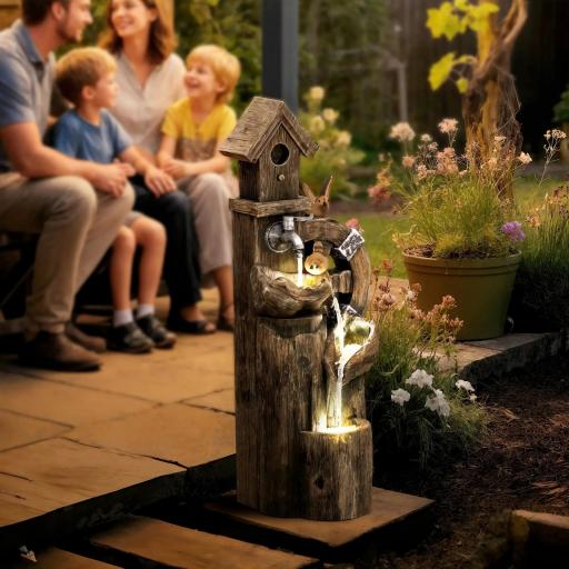 Fuente de Cascada 2 en 1 con Casita para Pájaros con Luces LED y Bomba Característica de Jardín con Troncos Multicolor