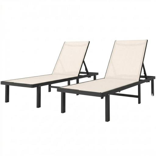 Conjunto de 2 Tumbonas Reclinables con Ruedas Respaldo Ajustable 4 Niveles Estructura de Aluminio Tela Textilene Beige [8]