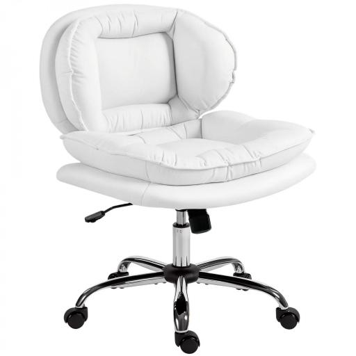Silla de Oficina Piernas Cruzadas con Asiento Ancho Ruedas Altura Ajustable Doble Acolchado Función Basculante Blanco [9]