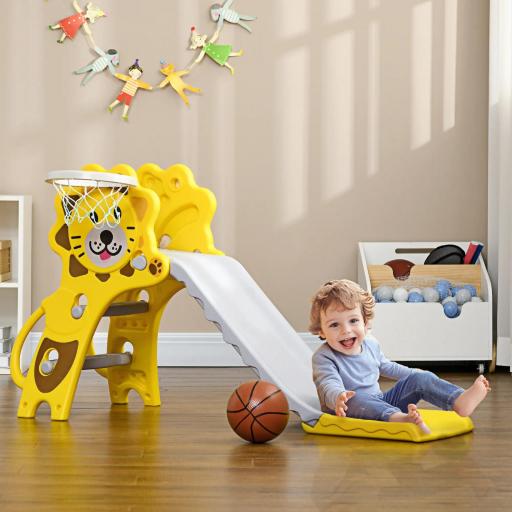 Tobogán para Niños de 18 a 36 Meses con 2 Escaleras 1 Canasta de Baloncesto y Patrón de León 131x50x74cm Amarillo y Gris