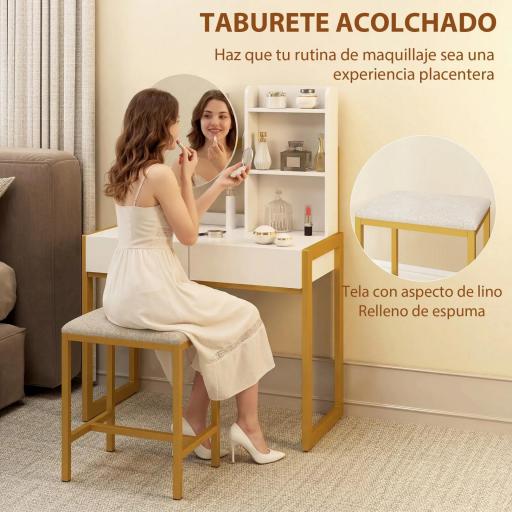 Tocador de Maquillaje con Espejo y Taburete Acolchado Estación de Carga 2 Cajones 3 Estantes para Dormitorio Blanco [2]
