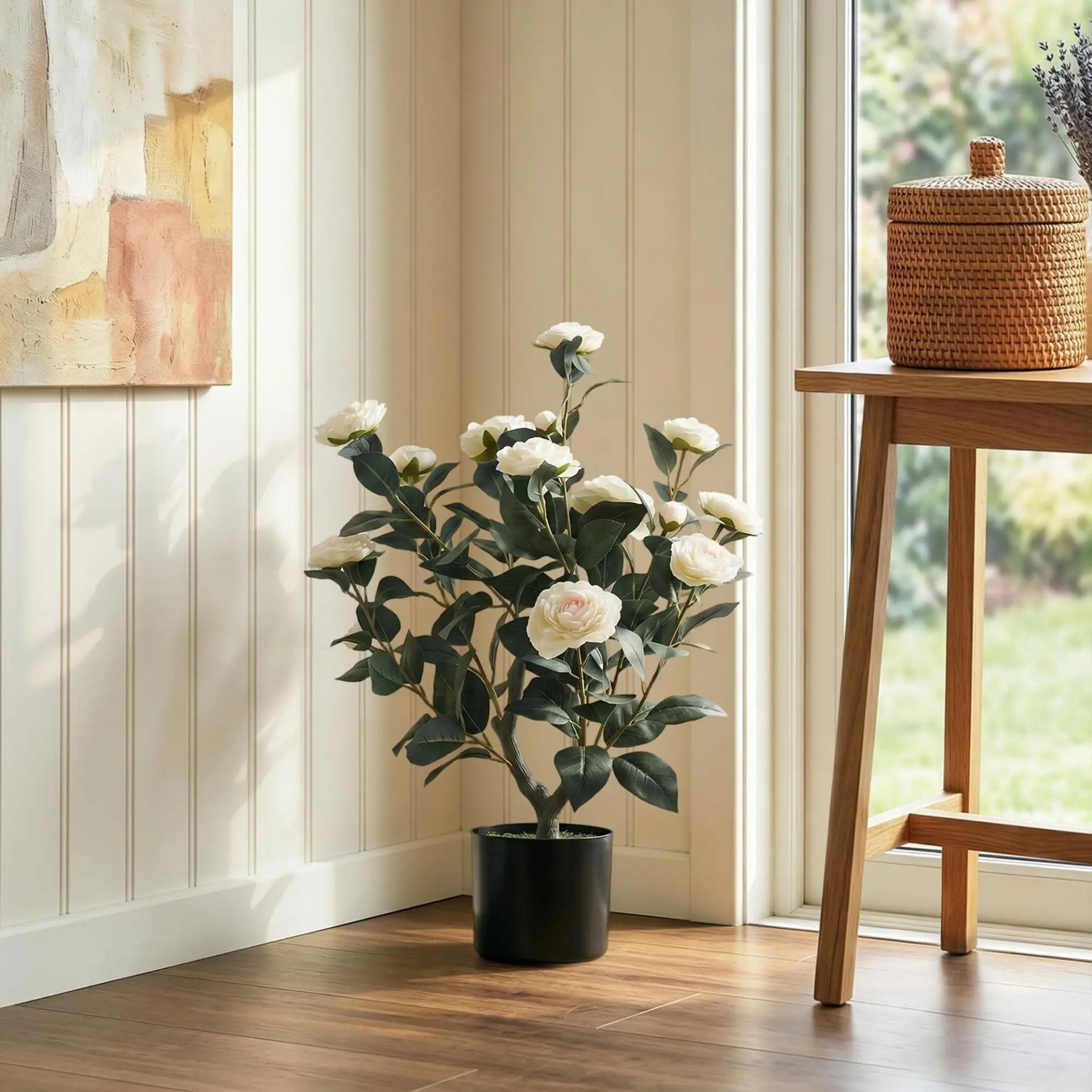 Planta Artificial de Camelia 65cm Árbol Artificial en Maceta con Flores de Seda Realistas 116 Hojas Efecto Musgo Blanco