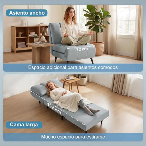 Sillón Cama Individual 3 en 1 Sofá Cama Plegable con Respaldo Ajustable y Cojín Grueso para Salón 72x88x87 cm Gris [3]