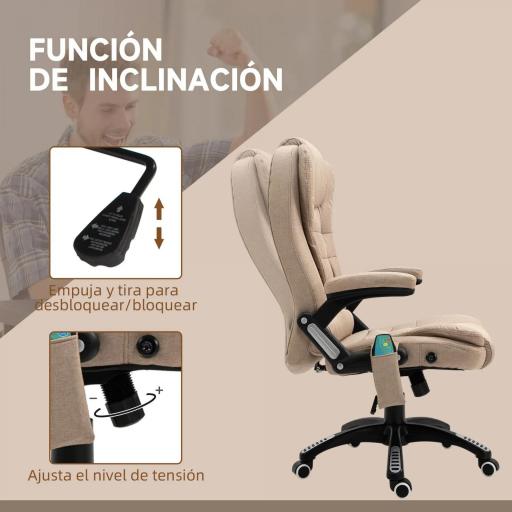Silla Oficina con Masaje de 6 Puntos con Función Basculante con Calefacción Altura Ajustable 67x74x107-116 cm cm Caqui [5]
