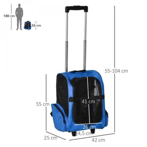 Transportín Carrito para Mascotas 2 en 1 Mochila de Viaje con 2 Ruedas para Perros Gatos con Asa Retráctil de Aluminio y Bolsillos de Almacenaje 42x25x55 cm Azul [3]