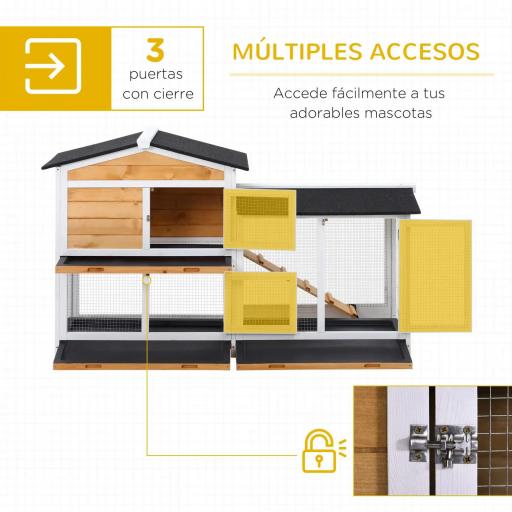 Conejera de Madera Exterior Jaula para Conejos de 2 Niveles con Techo Asfáltico 2 Corrales de Metal Bandeja Extraíble 2 Puertas y Rampa 157,4x53x93,5 cm Natural [6]