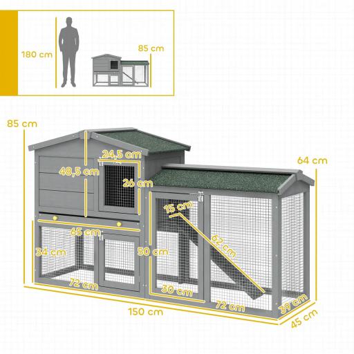 Conejera de Madera de 2 Niveles con Techo Asfáltico Bandeja Extraíble y Escalera para Exterior 150x45x85 cm Gris [1]