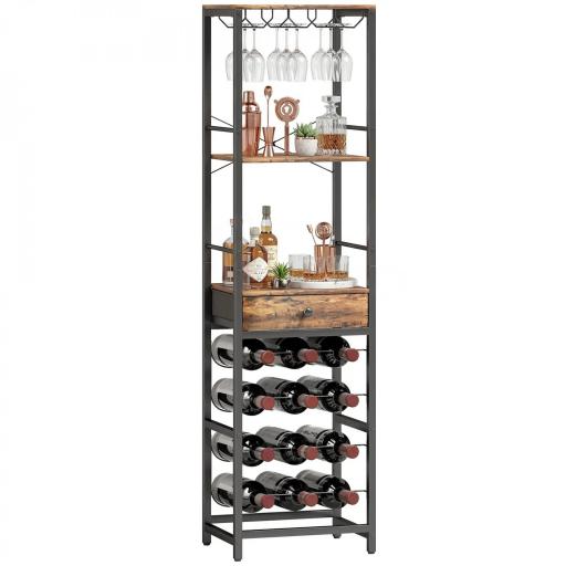 Mueble de Bar para Vinos con Soporte de Copas y Cajón Botellero para 12 Botellas con Estante Abierto Marrón Rústico [8]