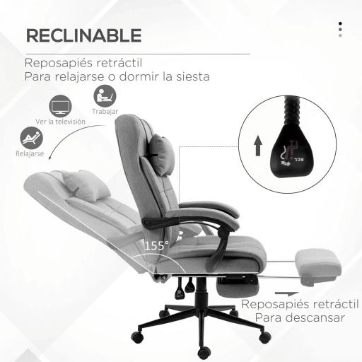 Silla de Escritorio Reclinable con Altura Ajustable Reposapiés Reposacabezas y Reposabrazos 66x76x112-120 cm Gris [5]