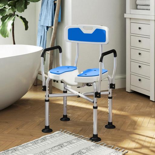 Silla de Ducha con Asiento Ranurado Altura Regulable Antideslizante Respaldo y Reposabrazos Carga 136 kg Azul