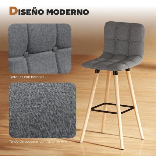 Juego de 2 Taburetes Altos de Cocina con Respaldo Reposapiés Patas de Madera Estilo Moderno Gris [4]