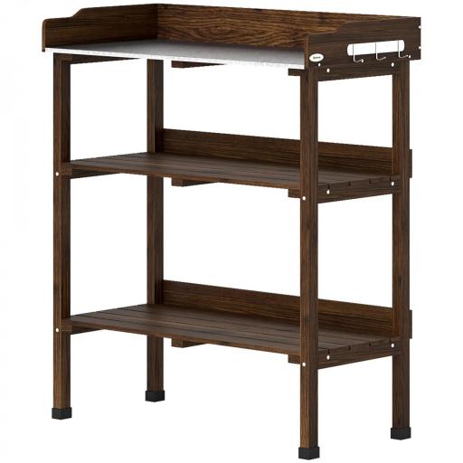 Mesa de Jardinería de Madera con Superficie Metálica Estantes y Ganchos para Jardín Terraza 76x37x89 cm Carbonizado [8]