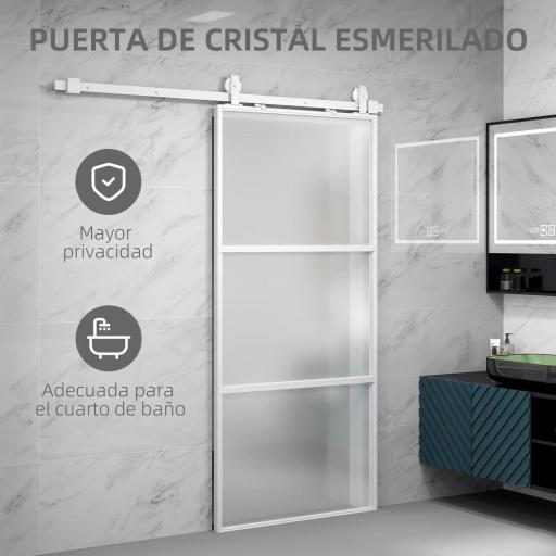 Puerta Corredera de Cristal con Herrajes Mecanismo Cierre Suave para Baño Salón 91,4x203,2 cm Blanco [5]