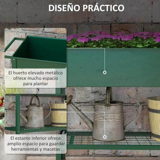 Huerto Urbano Elevado 109x44x80 cm con 2 Ruedas Estante y Asa para Cultivo Plantas Flores Verduras Verde [6]