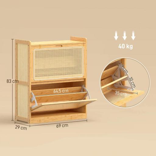 Zapatero Estrecho de Bambú con 2 Cajones Abatibles de Ratán para 12-14 Pares de Zapatos 69x29x83 cm Natural [1]