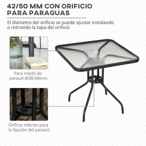 Mesa de Jardín Cuadrada 76x76x72 cm con Agujero para Sombrilla y Encimera de Vidrio Templado para Patio Terraza Negro [2]
