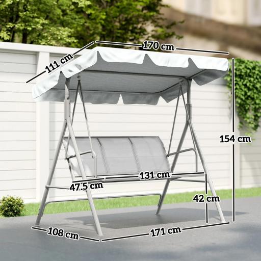 Balancín Jardín Exterior de 3 Plazas con Toldo Ajustable Respaldo Transpirable y Marco de Metal 171x108x154 cm Gris [1]