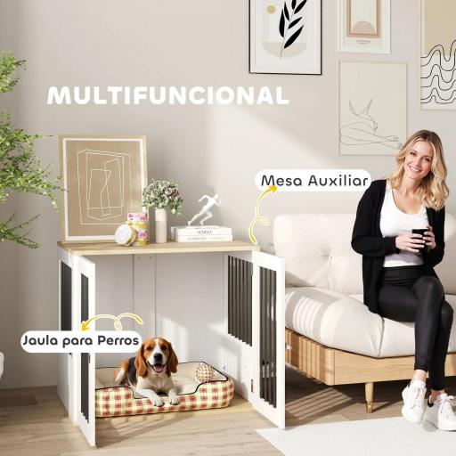 Jaula para Perros Medianos 2 en 1 con 2 Puertas con Puertas Comedero Giratorio de 360° y 2 Cuencos 80x55x71,5 cm Blanco [5]