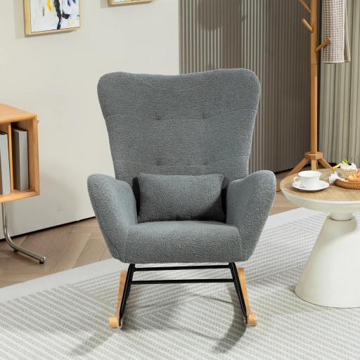 Mecedora de Borreguito con Respaldo Acolchado Almohada y Base de Madera de Caucho Carga 120 kg Gris [4]