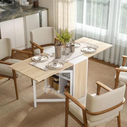Mesa Plegable de Comedor, Mesa de Cocina Plegable, con Alas Abatibles, 4 Compartimentos, 3 Formas, Hasta 4 Personas, para Salón, Espacio Pequeño, 169x60x75 cm, Roble y Blanco [0]