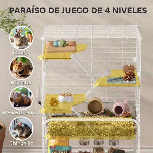Jaula para Animales Pequeños de 4 Niveles con Ruedas Bandeja Profunda Rampas Plataformas y Comedero 73x47x123 cm Blanco [7]