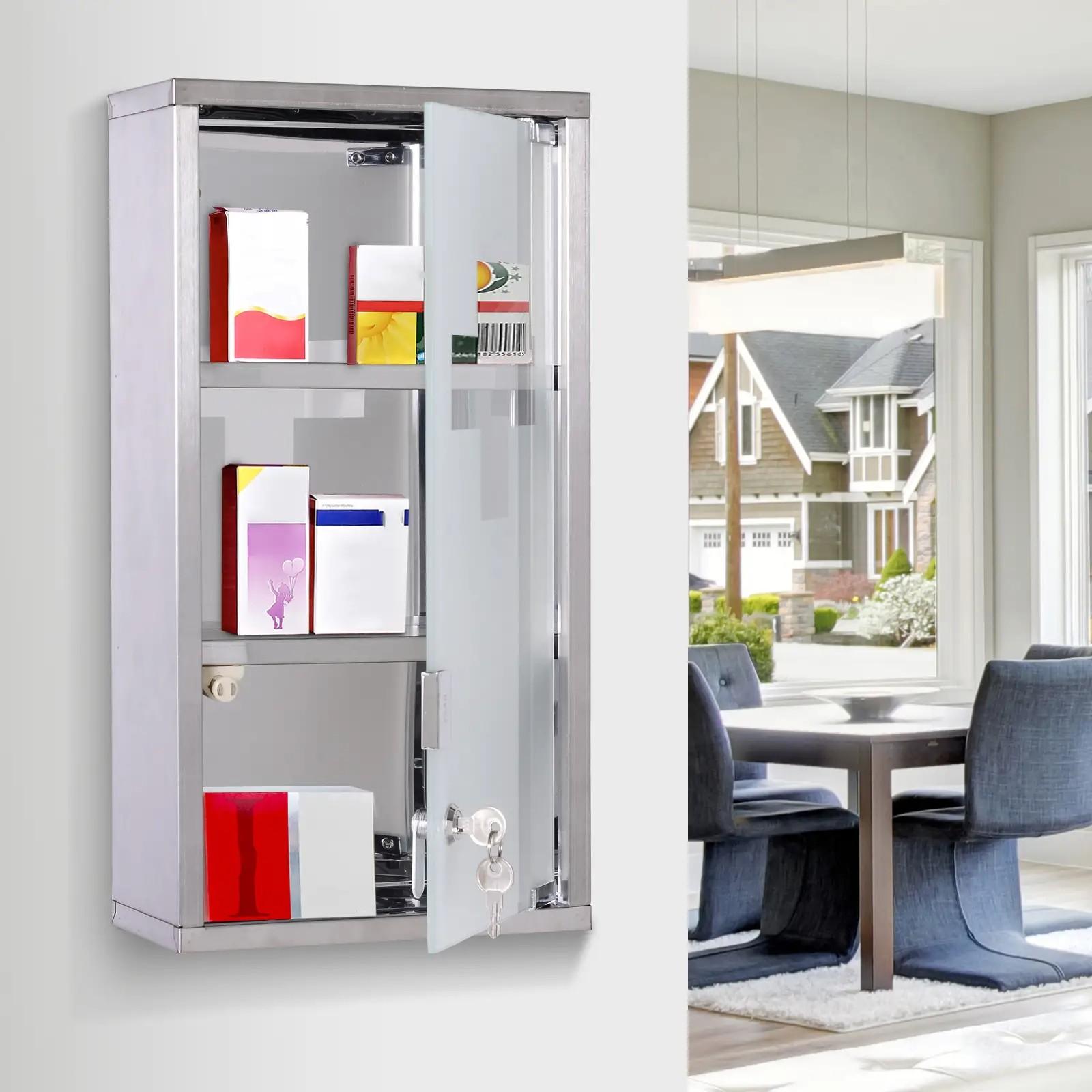 Armario de Medicinas Botiquín Gabinete de Primero Auxilios Acero Inox 3 Estantes Caja Colgante de Pared con Cerradura 25x12x48cm