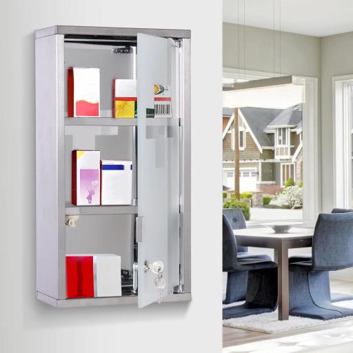 Armario de Medicinas Botiquín Gabinete de Primero Auxilios Acero Inox 3 Estantes Caja Colgante de Pared con Cerradura 25x12x48cm