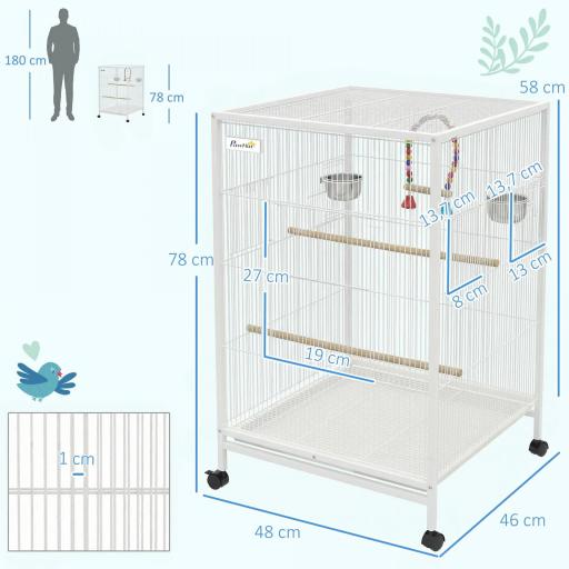 Jaula para Pájaros con Ruedas con Comederos Perchas Columpio y Bandeja Extraíble 48x46x78 cm Blanco [1]