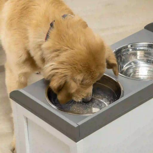 Comedero Elevado para Perros Grandes con 2 Cuencos de 2000 ml de Acero Inoxidable y 1 Cajón 63x30x36 cm Blanco [4]