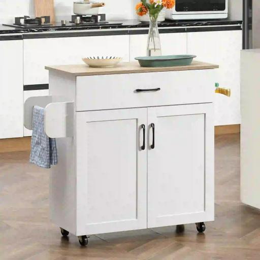 Carro de Cocina con 1 Cajón 2 Puertas Barra de Colgar y Especiero Carrito Auxiliar con Ruedas 105x36x85 cm Blanco