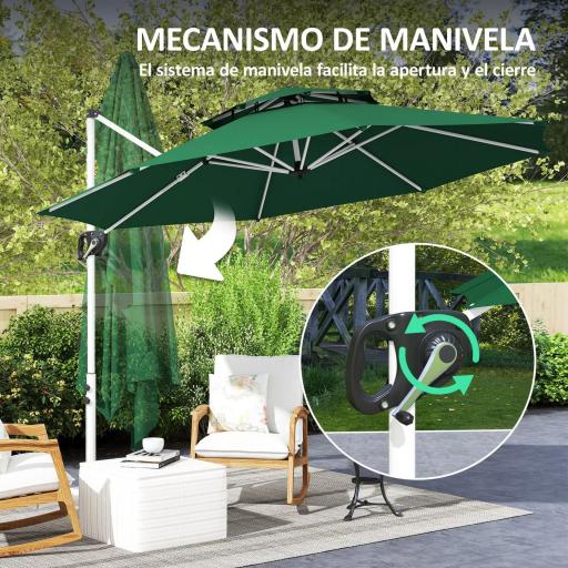 Parasol Excéntrico Ø292 cm con Manivela Giro 360° Inclinación Ajustable Doble Techo y Base Cruzada Verde Oscuro [7]