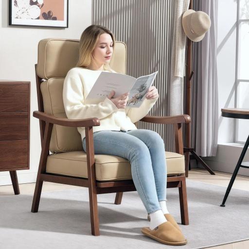 Sillón de Salón Tapizado en PU con Marco de Madera Cojines Acolchados Gruesos Caqui y Madera Nogal