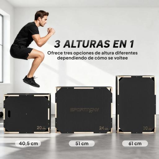 Cajón Pliométrico de Madera 3 en 1 con 3 Alturas Diferentes Asas sin Esquinas Entrenamiento de Salto 76x61x51 cm Negro [3]