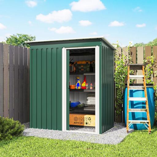 Cobertizo de Jardín Exterior 1,16 m² 163x89x182 cm Caseta Metálica con Puerta Corredera y Techo Inclinado Verde [7]