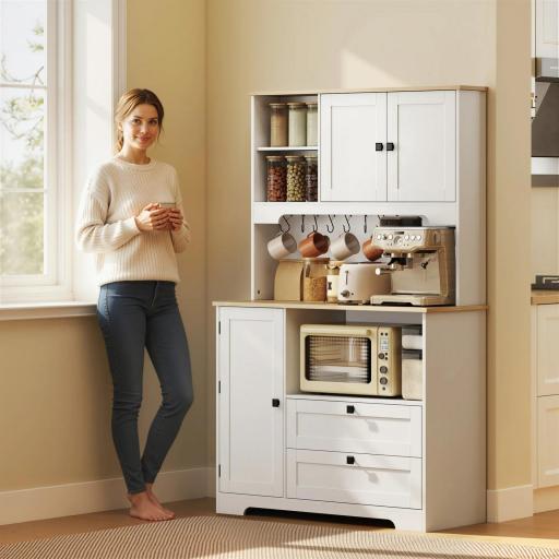 Alacena de Cocina con 3 Puertas 2 Cajones 3 Estantes en la Puerta 8 Ganchos Encimera Amplia Blanco [5]