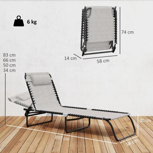 Tumbona Plegable, Tumbona Jardín Exterior Reclinable 4 Posiciones con Reposacabezas y Marco de Acero, Carga 120 kg, para Terraza, Piscina, Playa, 189x58x30 cm, Crema [1]