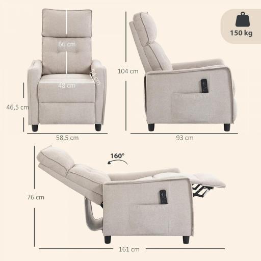Sillón de Masaje Reclinable con Reposapiés 2 Zonas de Masaje Asiento de Muelles Bolsillos Tapizado en Lino Crema [1]