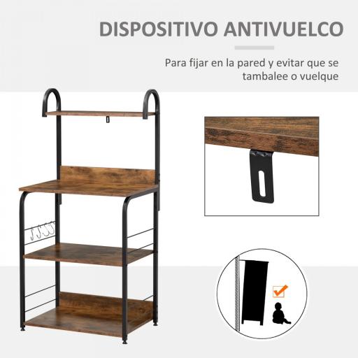 Estantería de Cocina de 4 Niveles con Ganchos Estantería para Microondas 60x40x125 cm Marrón Rústico y Negro [6]