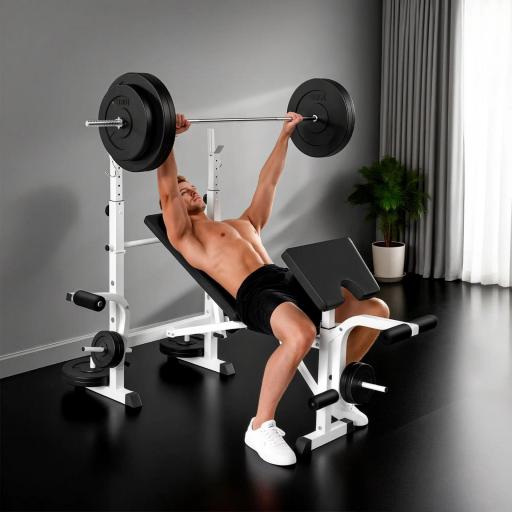 Banco de Musculación Inclinable con Soporte para Barra Ajustable Extensión de Piernas y Curl de Predicador para Gimnasio