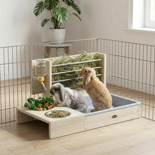 Comedero de Heno de Conejos con Bandeja Alimentador de Heno de Madera con Cuenco de Acero Inoxidable y Botella de Agua [0]